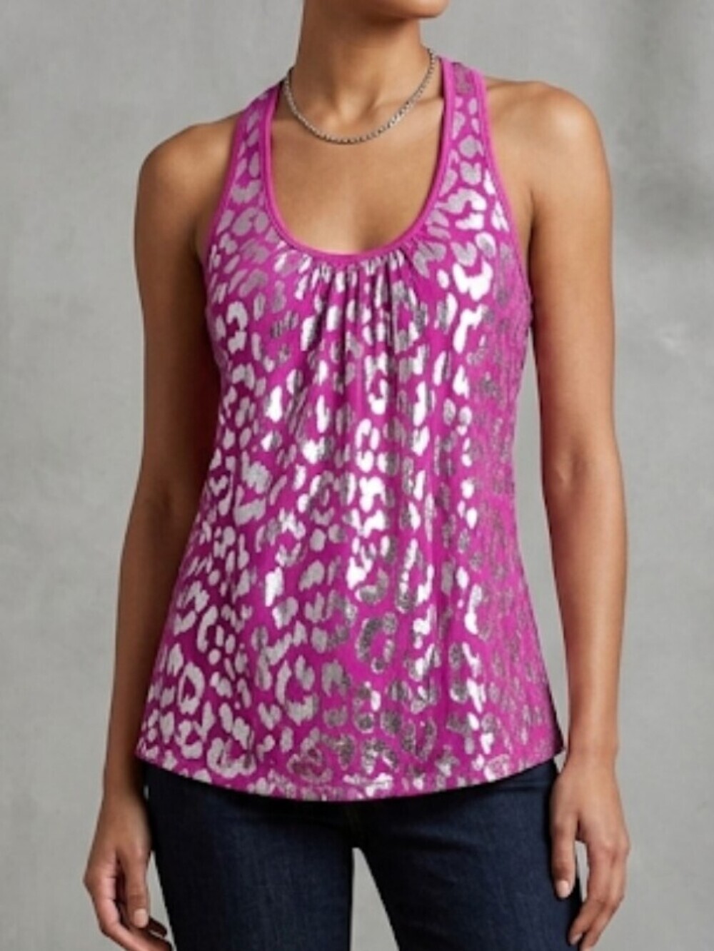 Trina Turk Silk Racerback Top Fuchsia Metallic Silver Leopard Print S